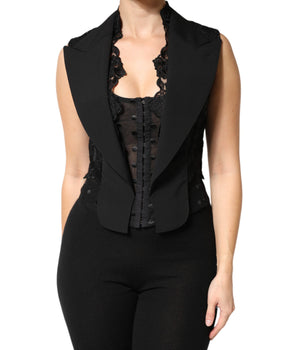 Dolce & Gabbana Black Lace V-neck Slit Hem Gathered Waist Vest Jacket