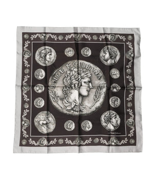 Dolce & Gabbana Brown Roman Coin Print Silk Square Foulard Scarf