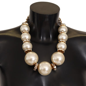 Dolce & Gabbana Elegant Faux Pearl Charm Necklace with Crystal Accents