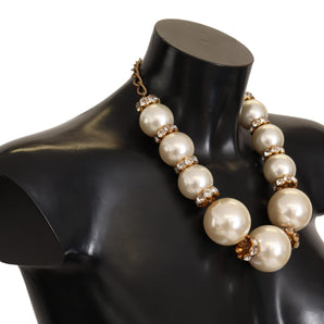 Dolce & Gabbana Elegant Faux Pearl Charm Necklace with Crystal Accents