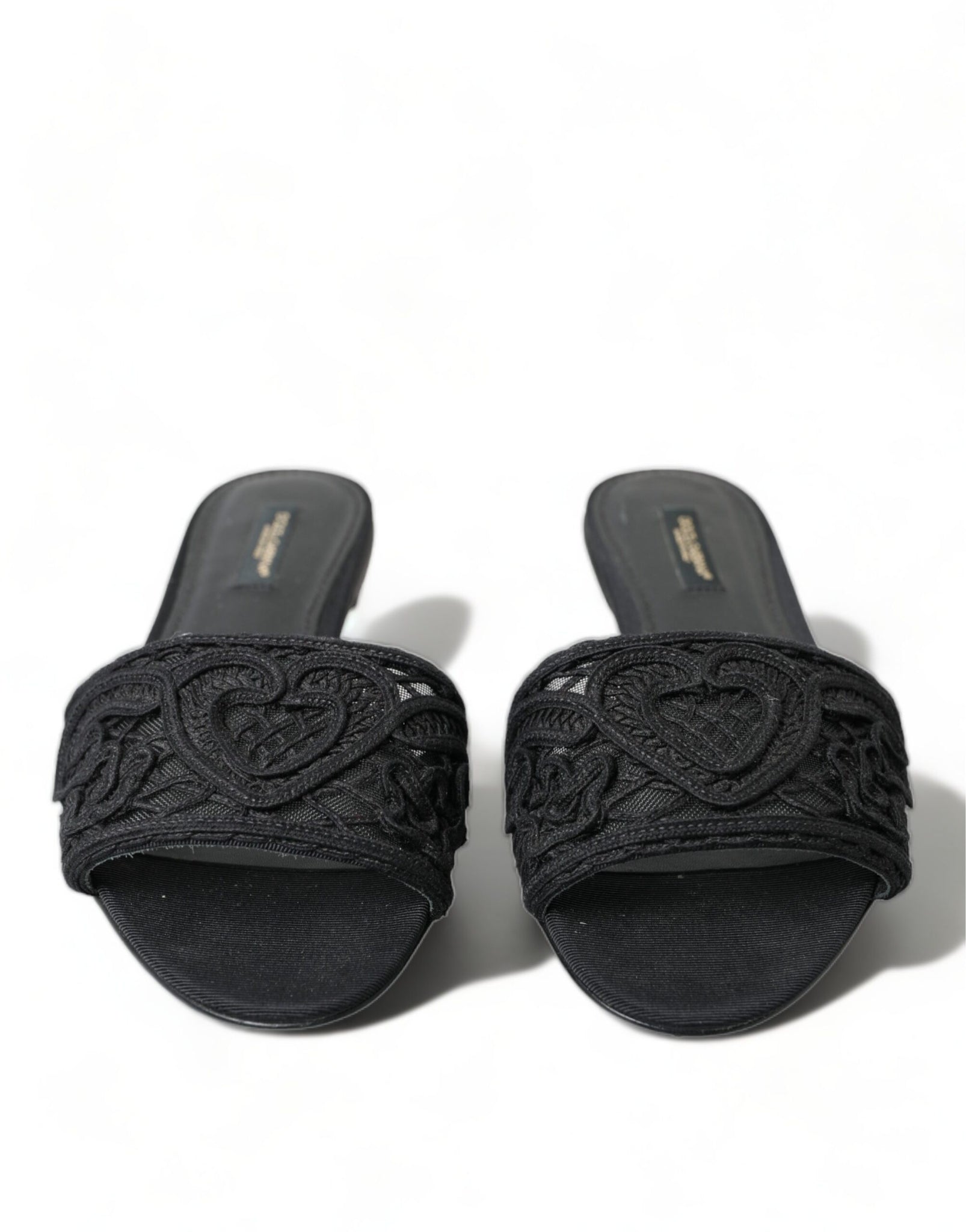 Dolce & Gabbana Black Cotton Heart Embroidery Sandals Shoes
