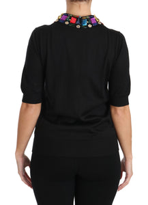 Dolce & Gabbana Black Cashmere Crystal Collar Top T-Shirt