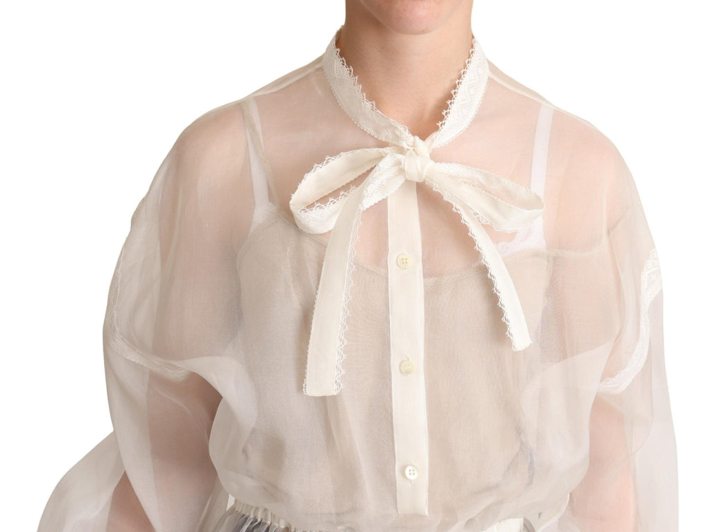 Dolce & Gabbana White Ascot Collar Long Sleeves Blouse Top