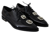 Dolce & Gabbana Black Leather Crystal Lace Up Formal Shoes Dolce & Gabbana 
