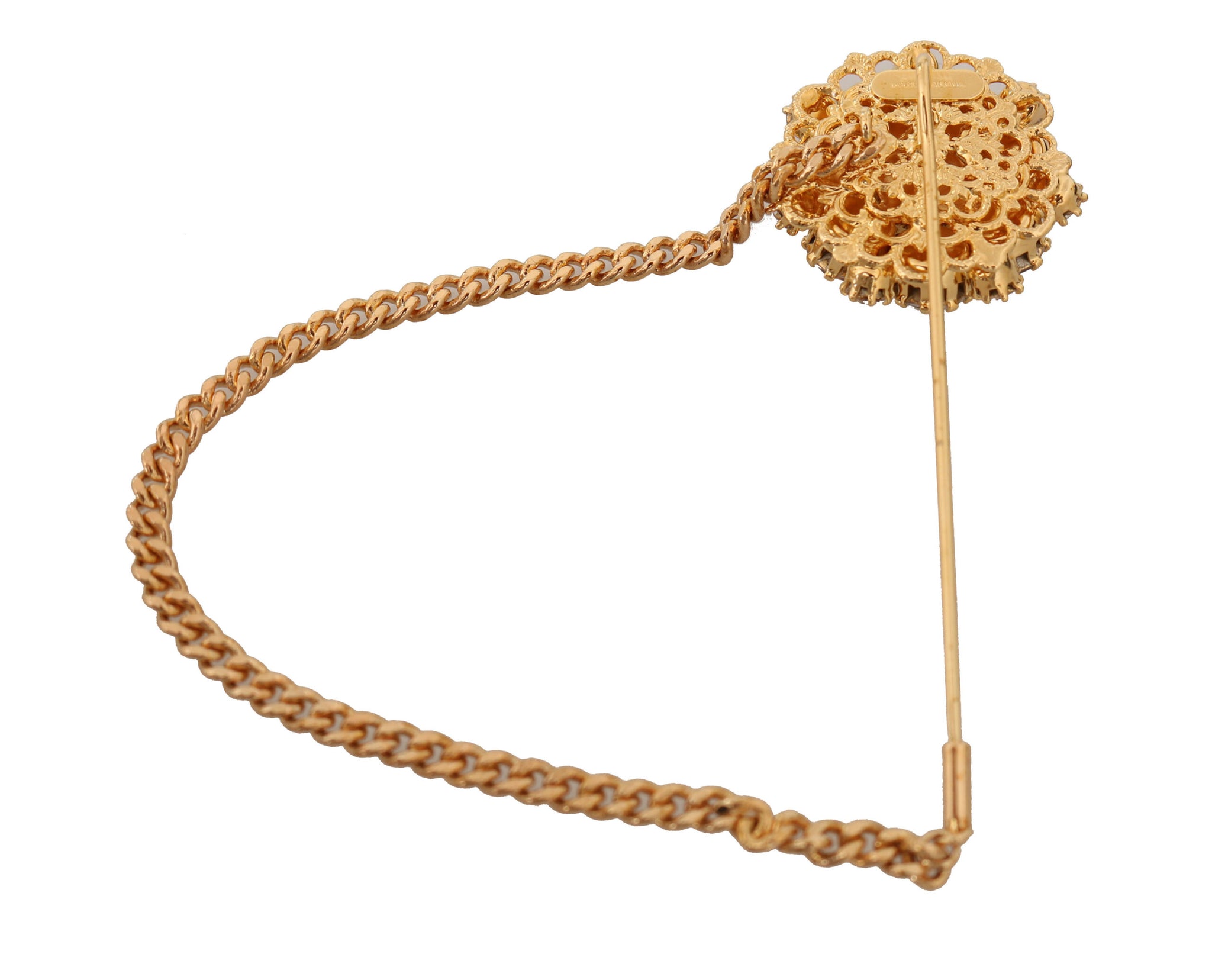 Dolce & Gabbana Gold Brass Clear Crystal Chain Pin Women Brooch, Nahim - Luxury Wardrobe