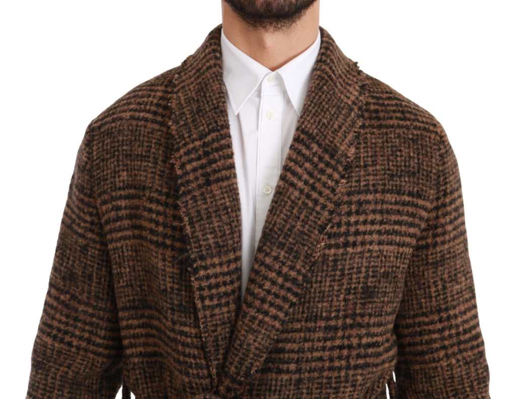 Dolce & Gabbana Brown Checkered Wool Robe Coat Wrap Jacket