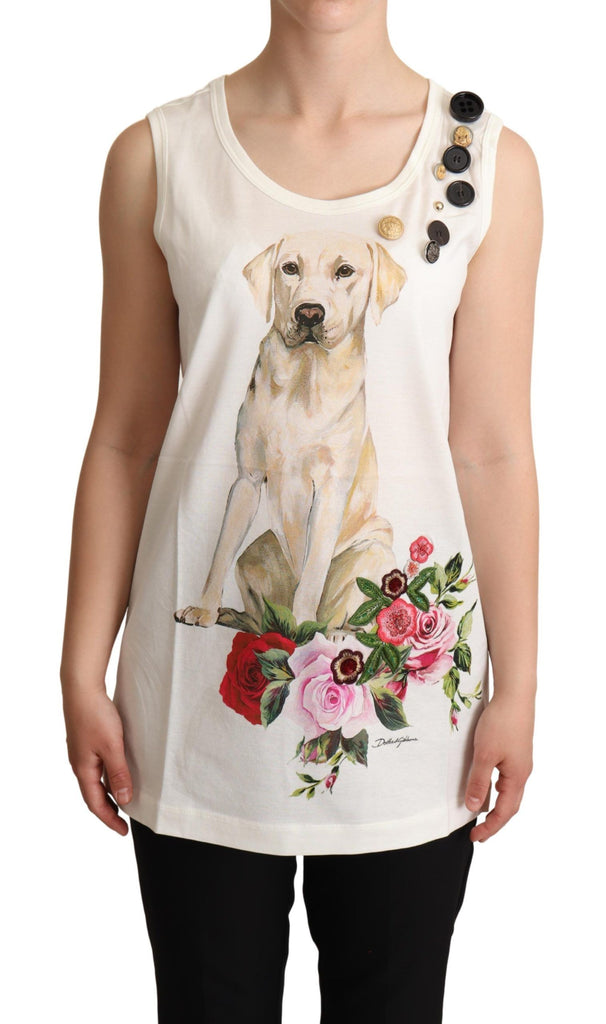 Dolce & Gabbana White Dog Floral Print Embellished T-shirt