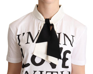 Dolce & Gabbana White Cotton Silk Blend Ascot Collar T-shirt