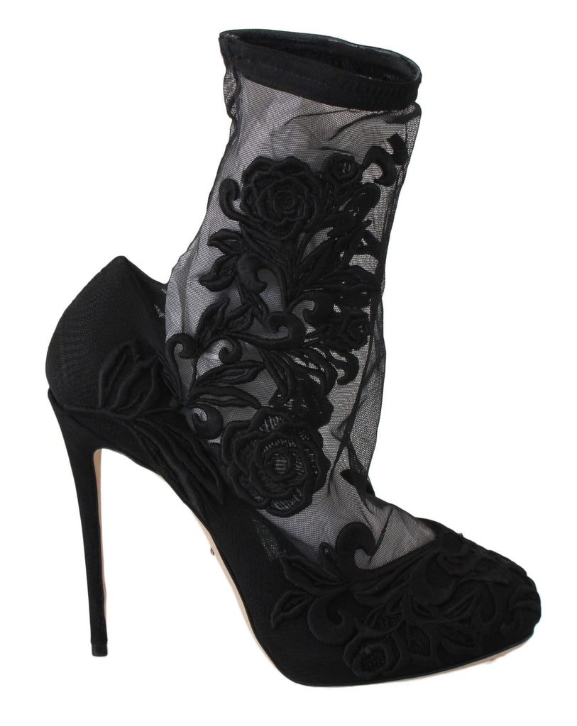 Dolce & Gabbana Black Roses Stilettos Booties Socks Shoes Dolce & Gabbana 
