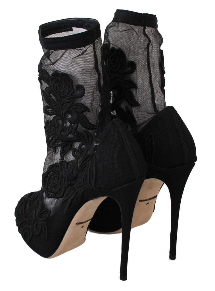 Dolce & Gabbana Black Roses Stilettos Booties Socks Shoes Dolce & Gabbana 