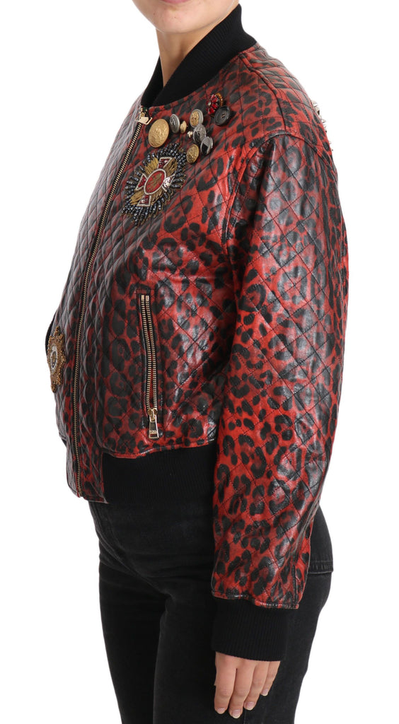 Dolce & Gabbana Red Leopard Button Crystal Leather Jacket