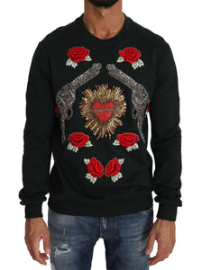 Dolce & Gabbana Green Crystal Heart Roses Gun Sweater Dolce & Gabbana 