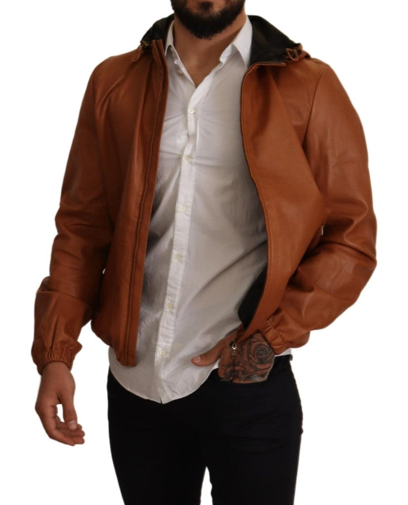 Dolce & Gabbana Brown Leather Lambskin Hooded Coat Jacket