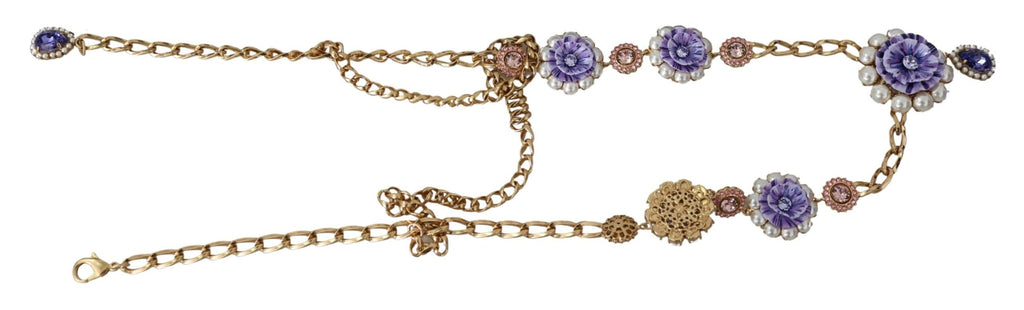 Dolce & Gabbana Gold Tone Floral Crystals Purple Embellished Necklace Dolce & Gabbana 