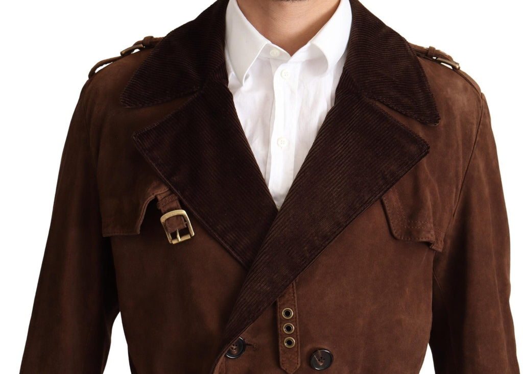 Dolce & Gabbana Brown Leather Long Trench Coat Men Jacket