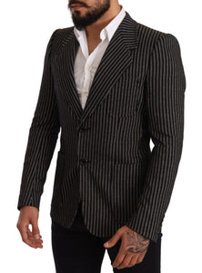 Dolce & Gabbana Black Striped Slim Fit Wool Coat Blazer