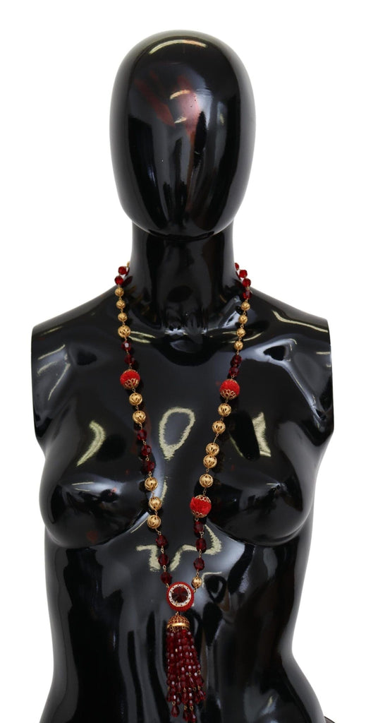 Dolce & Gabbana Gold Tone Brass Red Crystals Pendant Opera Chain Necklace Dolce & Gabbana 