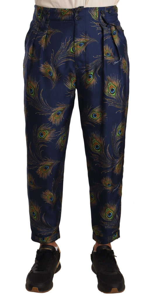 Dolce & Gabbana Blue Peacock Print Tapered Trousers Silk Pants