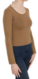 GF Ferre Brown Long Round Neck Sleeve Fitted Shirt Tops Blouse