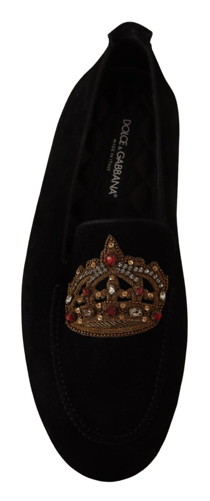 Dolce & Gabbana Black Leather Crystal Gold Crown Loafers Shoes Dolce & Gabbana 