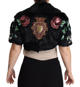 Dolce & Gabbana Black Rabbit Fur Crystals Sequin Coat