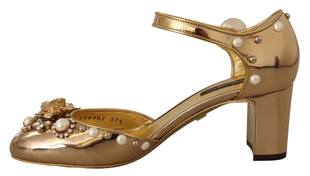 Dolce & Gabbana Gold Leather Studded Crystal Ankle Strap Shoes Dolce & Gabbana 
