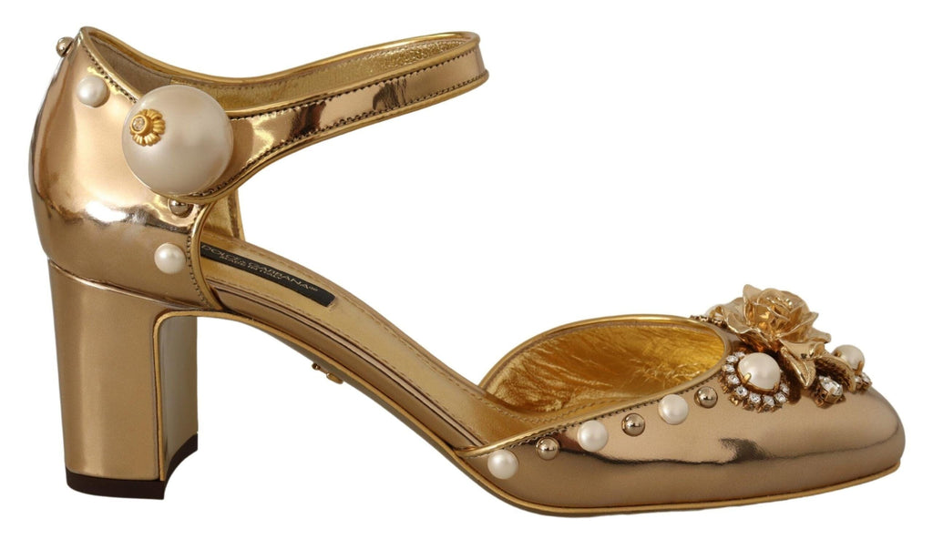 Dolce & Gabbana Gold Leather Studded Crystal Ankle Strap Shoes Dolce & Gabbana 