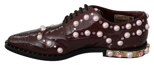 Dolce & Gabbana Bordeaux Leather Crystal Pearls Formal Shoes Dolce & Gabbana 