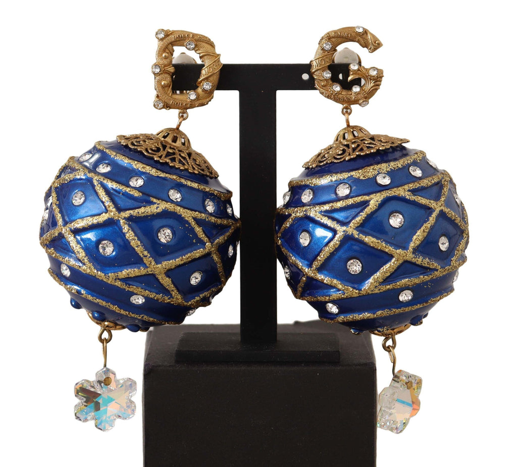 Dolce & Gabbana Gold Brass Blue Christmas Ball Crystal Clip On Earrings Dolce & Gabbana 
