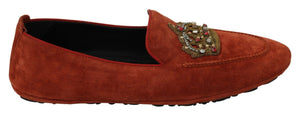 Dolce & Gabbana Orange Leather Moccasins Crystal Crown Slippers Shoes Dolce & Gabbana 