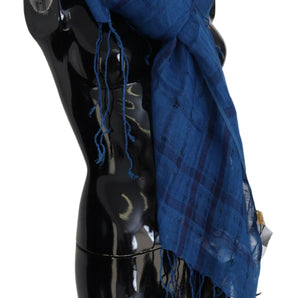 Costume National Chic Linen Fringed Scarf in Blue Checkered