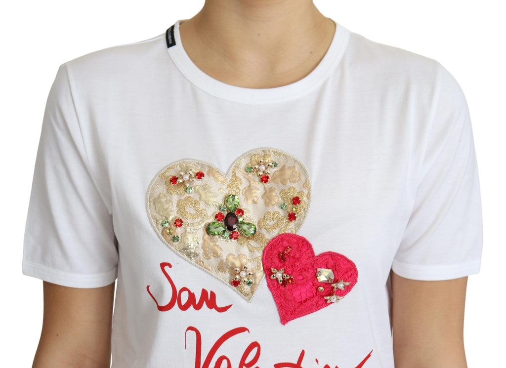 Dolce & Gabbana White San Valentino Heart Crystals T-shirt Top