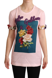 Dolce & Gabbana Pink Cotton Floral Roses Crewneck T-shirt