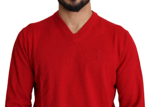 Billionaire Italian Couture Red V-neck Wool Sweatshirt Pullover Sweater Billionaire Italian Couture 