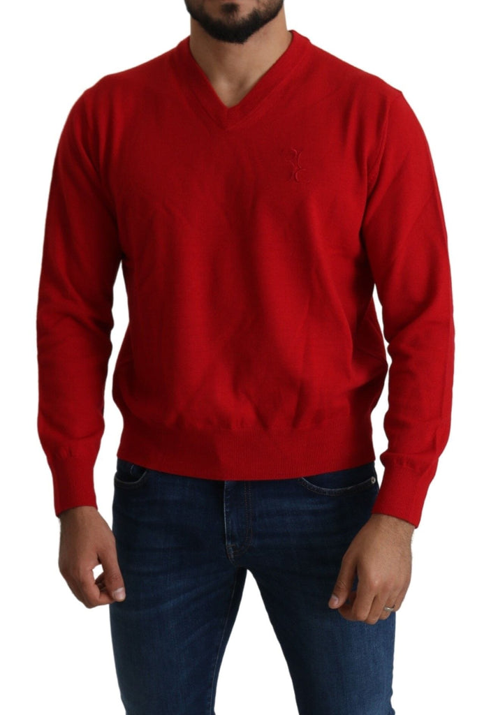 Billionaire Italian Couture Red V-neck Wool Sweatshirt Pullover Sweater Billionaire Italian Couture 