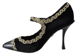 Dolce & Gabbana Black Velvet Gold Mary Janes Pumps Dolce & Gabbana 