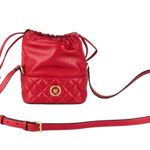 Versace Red Quilted Leather Drawstring Shoulder Bag Bucket Crossbody Handbag