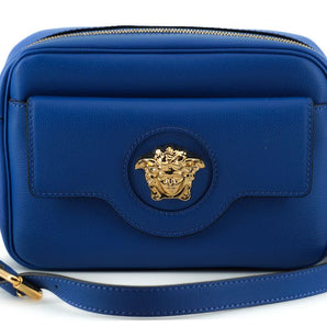 Versace Elegant Blue Calf Leather Camera Case Bag