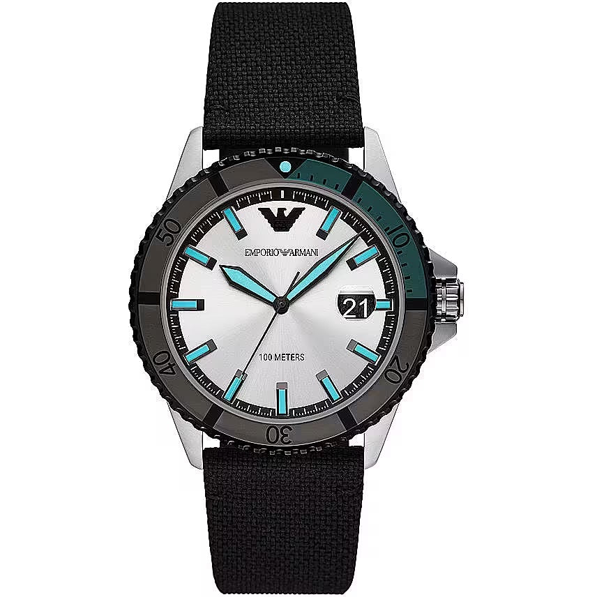 Emporio Armani Black Silver Fabric and Steel Quartz Watch Nahim