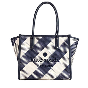 Kate Spade Ella Gingham Blazer Blue Oversized Woven Shoulder Tote Bag Purse, Nahim - Luxury Wardrobe